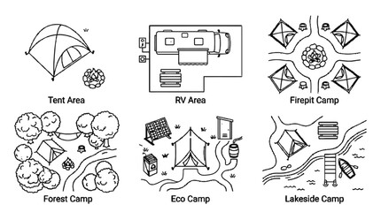 Fototapeta premium Camping and outdoor recreation icons set featuring tent areas RV parking firepits forest sites eco camping and lakeside spots