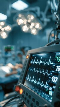 Close-up of vital signs monitor displaying heart rhythm during surgical procedure with operating room lights above