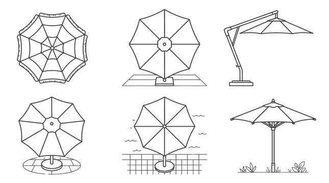 Outline Top View Set of garden and patio umbrella line art icons in various angles