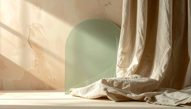 A premium beauty editorial scene with soft sage glass surfaces