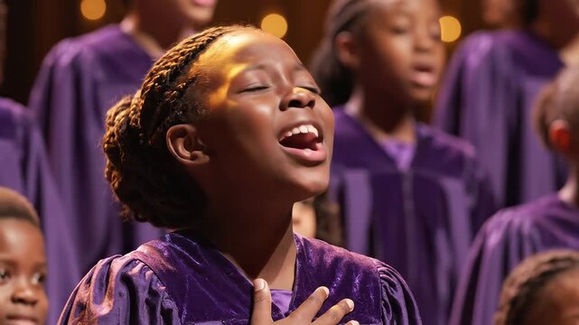 Young girl singing in choir for immersive visual experiences and creative projects