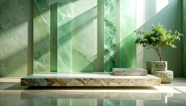 A refined composition of sage green translucent panels and matte travertine stone under soft ambient daylight
