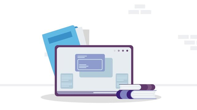 Animated workspace showing tablet with digital interface books and document folders against white brick wall.