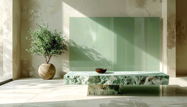 A refined composition of sage green translucent panels and matte travertine stone under soft ambient daylight