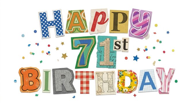 collage letters spelling Happy 71st Birtay colorful paper cut confetti celebration