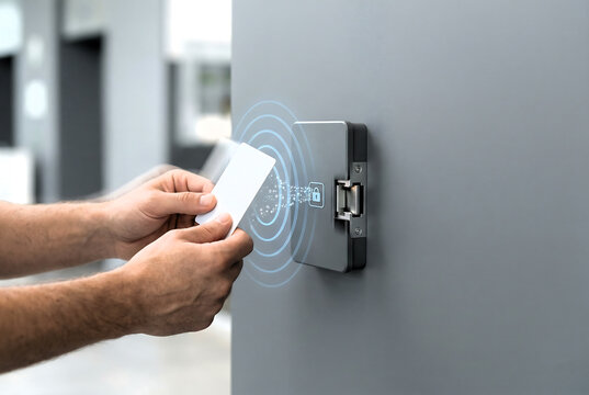 Person holding access card near RFID reader on wall for entry