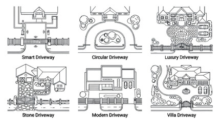 Obraz premium Outline Top View Set of six architectural driveway layout plans in line art style including smart, circular, luxury, stone, modern, and villa designs