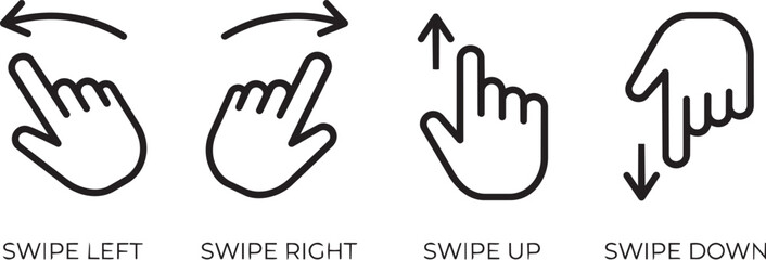 Obraz premium Minimal Hand Direction Icons Set Swipe Left Right Up Down Gesture Instruction Symbol Collection Vector gesture icons set, hand direction icons, swipe direction symbols, arrow hand icons, minimal hand 