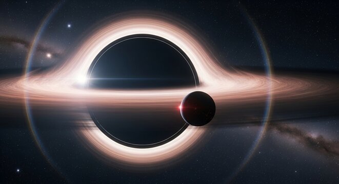 Large black hole with a glowing accretion disk and a small planet in deep space near its event horizon.