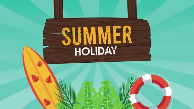 Summer holiday animation with wooden sign and beach accessories over turquoise sunburst background in flat vector style.