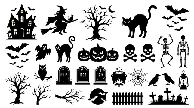 Halloween Icons Collection Spooky Silhouettes for Decorations.