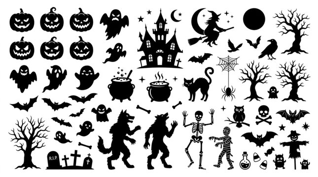 Halloween Icons Collection Spooky Silhouettes for Decorations.
