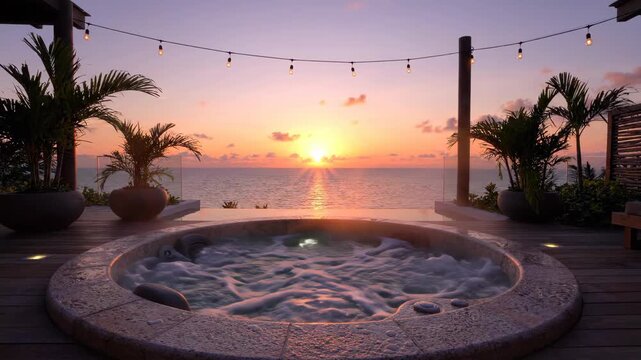 A bubbling hot tub overlooks a calm ocean under a string of lights as the sun sets on the horizon