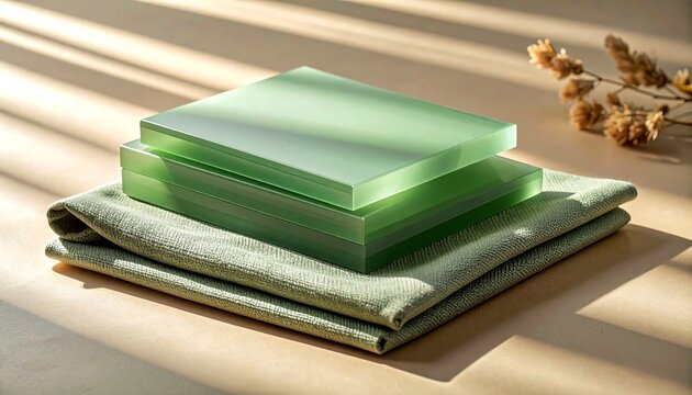 Smooth sage green acrylic sheets layered with textured linen fabric