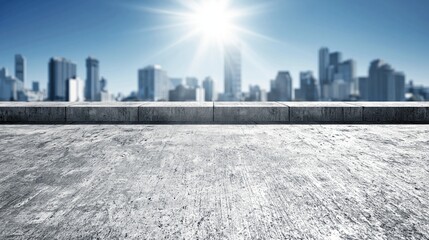 Naklejka premium Sunny urban cityscape vista from a concrete rooftop with modern skyscrapers and bright sky
