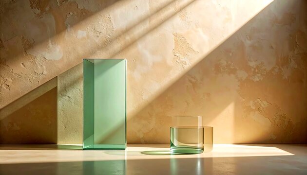 Soft diffused sunlight illuminating translucent sage glass beside pale clay plaster textures