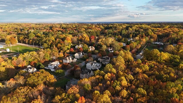 Aerial view of colorful autumn neighborhood in Garnet Valley, Pennsylvania suburb near Philadelphia