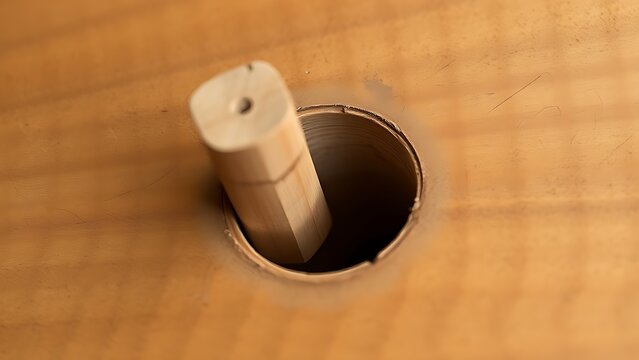 A square wooden peg attempts to fit into a round hole, showing worn edges.