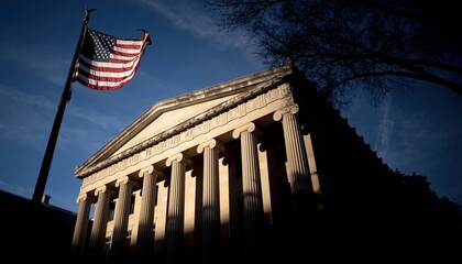 Fototapeta premium Iconic Neoclassical Building with American Flag Flying High in a Dramatic Sky