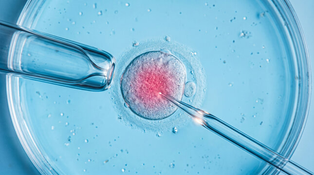 Closeup of a pipette injecting into an embryo in a petri dish for ivf or genetic research purposes in a laboratory setting with precise medical tools