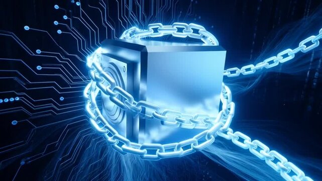 Blockchain Secure Data Cube Wrapped in Digital Chain Animation