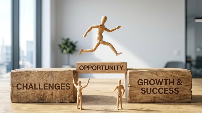 Wooden mannequin figure leaps courageously over a gap labeled 'opportunity' bridging 'challenges' and 'growth success' symbolizing ambition overcoming obstacles and career advancement in a bright
