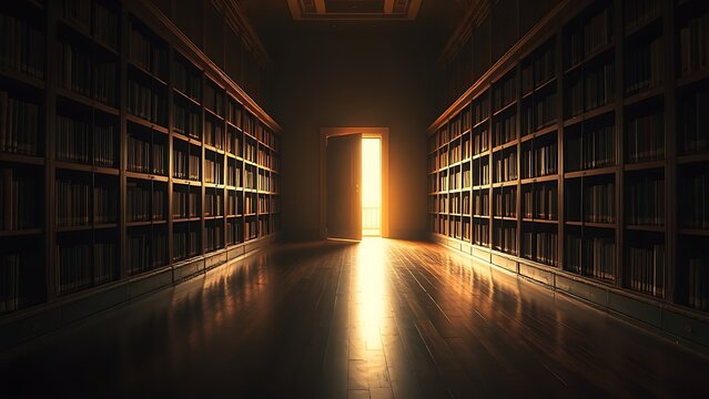 A long, empty library corridor at dusk, a door ajar with warm light spilling onto the floor.