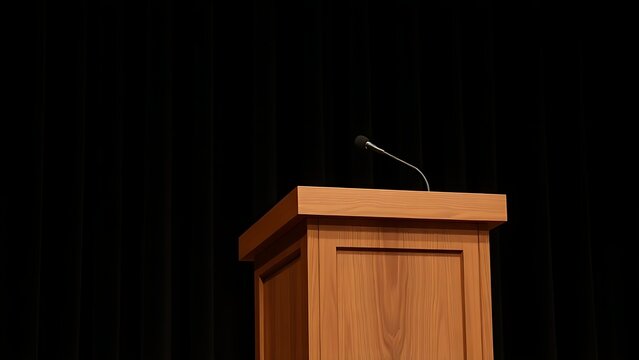 A wooden lectern with a microphone against a dark velvet curtain.