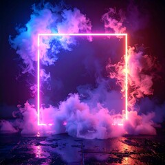 Fototapeta premium A neon pink square frame surrounded by colorful smoke and light