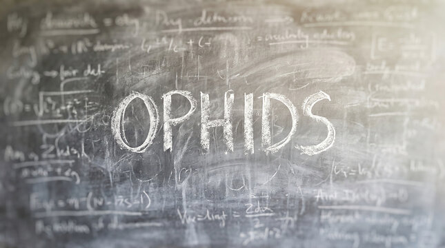 Closeup of a chalkboard with complex mathematical equations and the word ophids written in chalk
