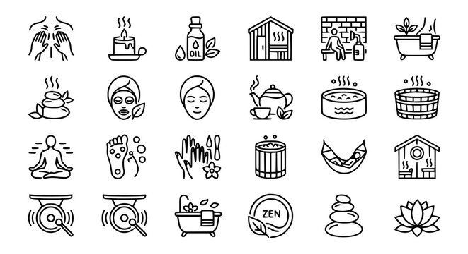 Spa wellness line icon set featuring massage candle sauna and relaxation therapy symbols in minimalist editable stroke vector design