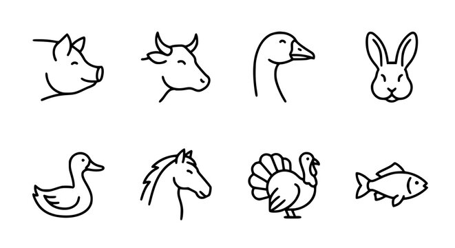 Meat and poultry line icon set with farm animals and seafood collection in editable stroke minimalist vector design