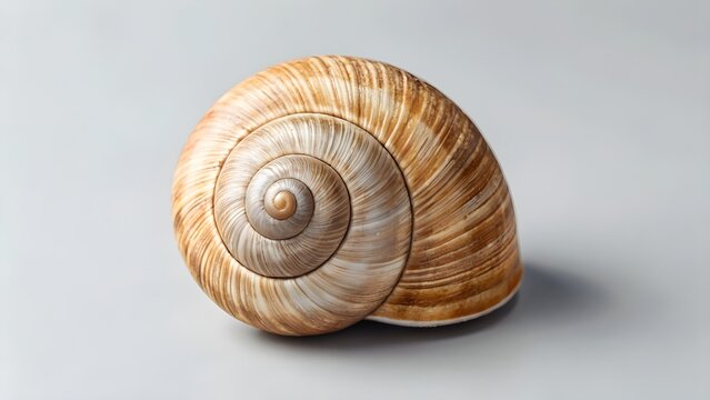 Empty Snail Shell Centered On Light Gray Surface, Showing Natural Spiral Shape And Smooth Texture, Perfect For Nature, Minimal, And Close Up Wildlife Photography