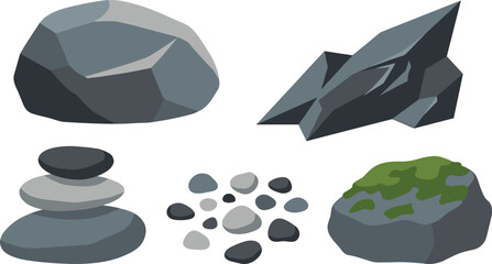 Natural Rock and Stone Element Set Featuring Smooth Grey Boulder Sharp Crystal Formation Balanced Zen Stones Mossy Rock and Small Pebbles © MstAkhlima