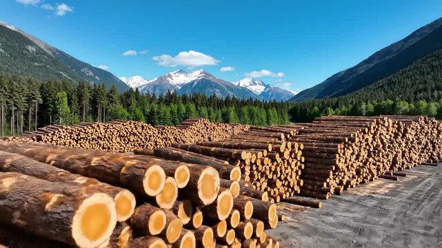 Wood logs in mountain landscape.