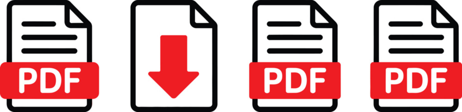 Four pdf document and a download arrow symbol on white background