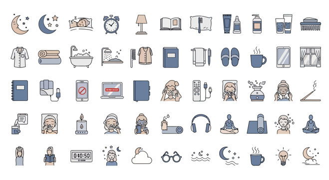 Sleep and Relaxation Icons Set: Moon, Stars, Bed, Alarm Clock, Book, Candle, Coffee