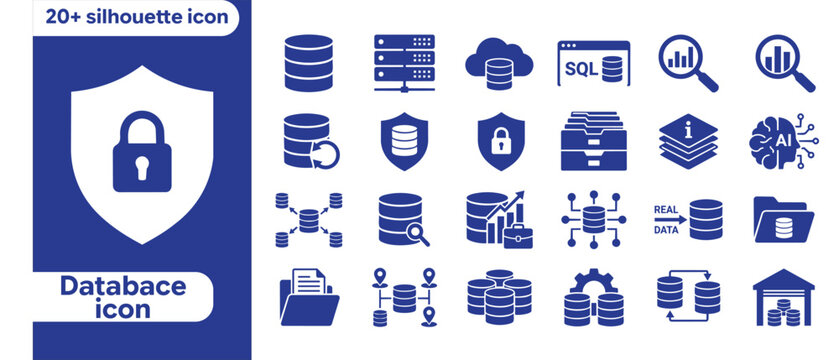 Database Silhouette Icon Set Cloud Storage SQL Server Backup Security Analytics Vector Icons database icon set, database vector icons, database silhouette, storage icons vector, sql database icon, clo