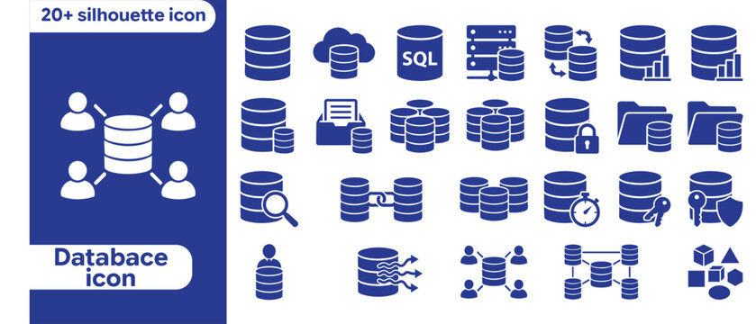 Database Silhouette Icon Set Cloud Storage SQL Server Backup Security Analytics Vector Icons database icon set, database vector icons, database silhouette, storage icons vector, sql database icon, clo