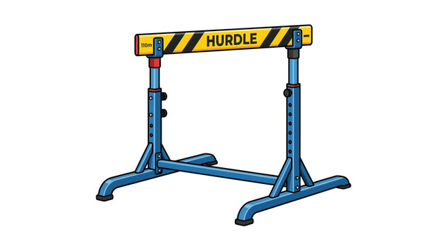 Adjustable athletic hurdle with black and yellow warning stripes