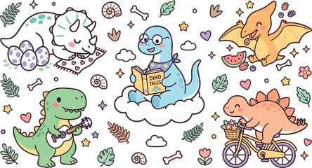Cute Cartoon Dinosaur Character Set with Kawaii Prehistoric Animals, Reading, Music, Cycling, and Fantasy Elements for Kids Illustration Design © MdMoklesur