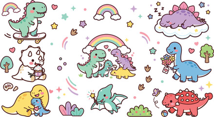 Cute Dinosaur Character Set with Kawaii Cartoon Dinosaurs, Rainbows, Stars, and Fantasy Elements for Kids Nursery Illustration Design © MdMoklesur