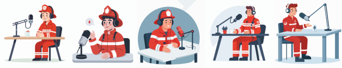 Fototapeta premium firefighter vector doing a podcast at the table