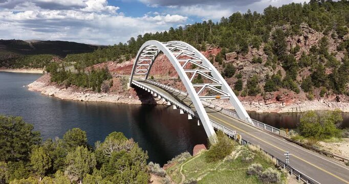 Aerial of Cart Creek Bridge in Flaming Gorge Reservoir over the Green River in Utah