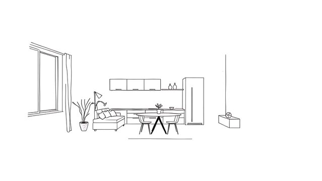 Minimalist sketch of an apartment layout on a clean white background, showcasing simple architectural design.