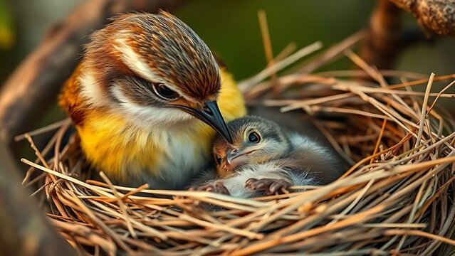 Mother bird preening fledgling in neat nest, soft feathers, warm ambient lighting.