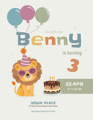 Fototapeta premium Kids birthday invitation vector template with cute cartoon lion, balloons and birthday cake in pastel colors. Flat style design for safari party celebration.