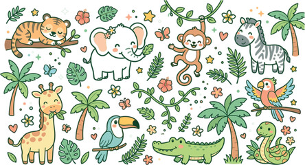 Obraz premium Cute Jungle Animal Illustration Set with Tiger, Elephant, Monkey, Zebra, Toucan, and Tropical Safari Elements for Kids Nursery Design
