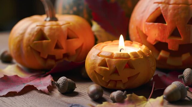 Carved gourds with candle, leaves, and acorns create a fall ambiance