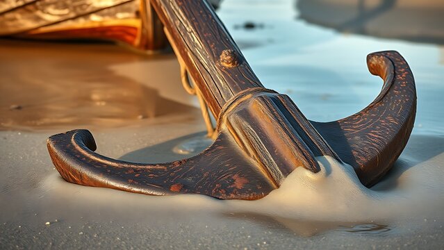 Weathered iron anchor of an old boat embedded in wet sand at the shoreline.